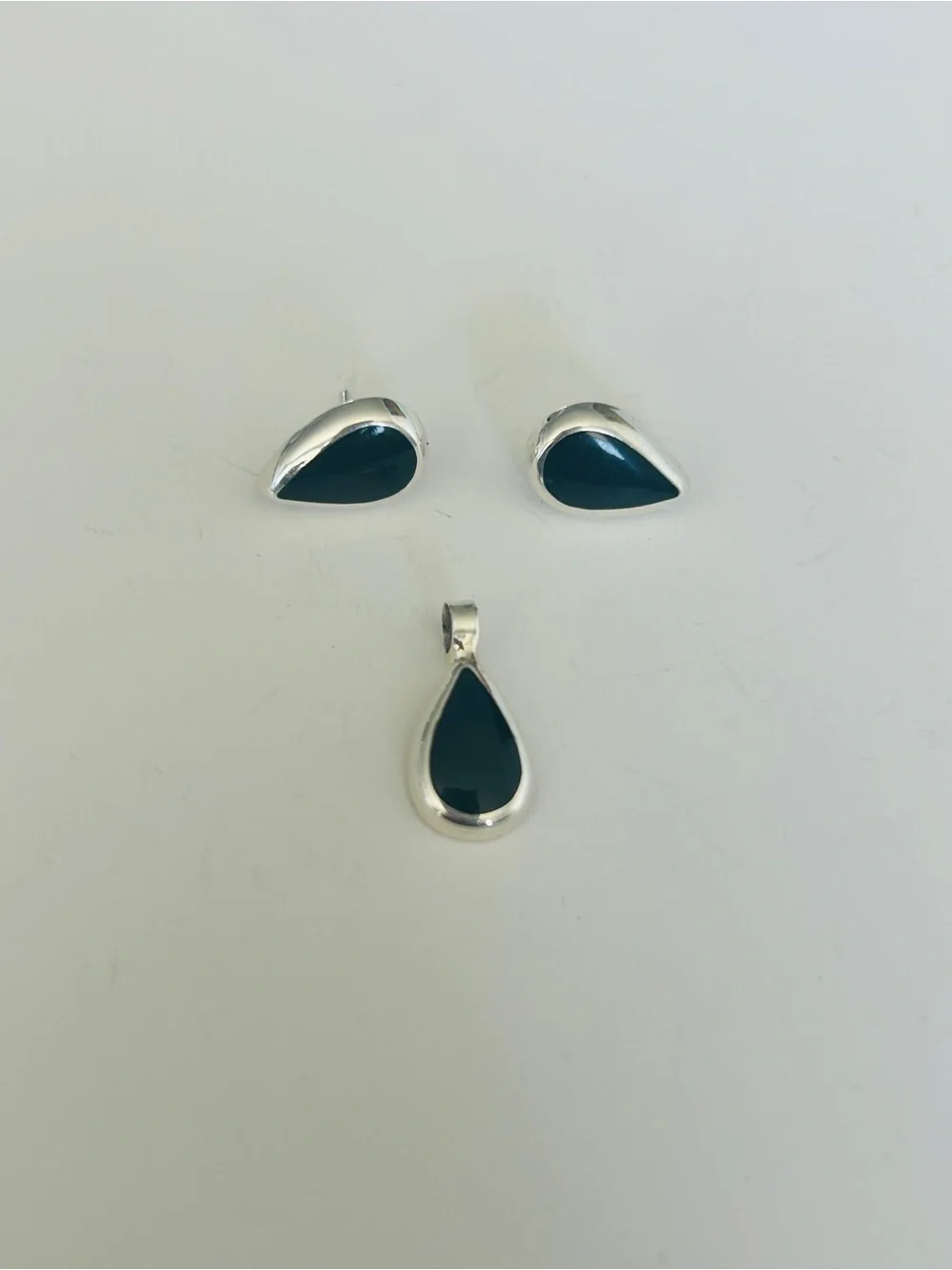 Taxco Mexico .925 Sterling Silver Black Teardrop Earrings & Pendant Set New